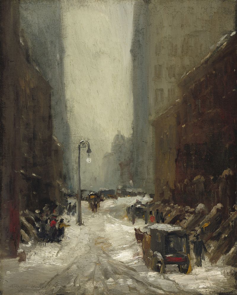 Snow in New York by Robert Henri, oil on canvas, depicting a snowy city with warm lights.