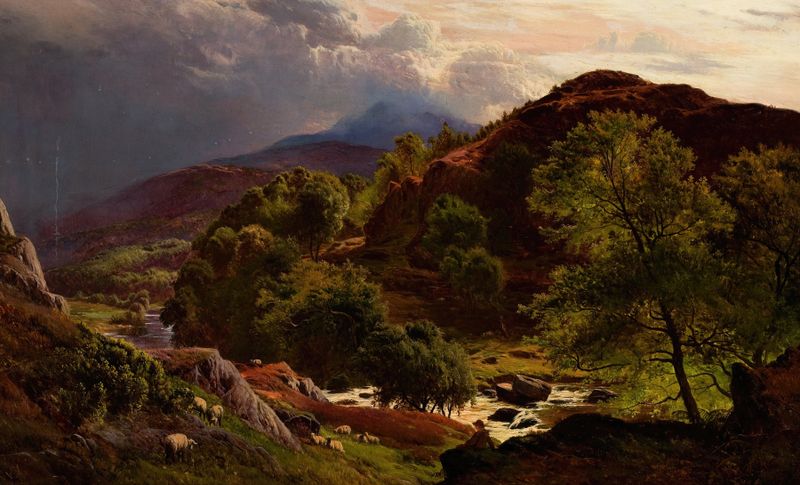 Paisaje del río Llugwy en Capel Curig por Sidney Richard Percy, pintura al óleo