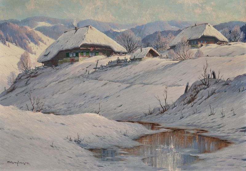 A winter landscape with snow-covered farmsteads and a stream, oil on canvas by Karl Hauptmann