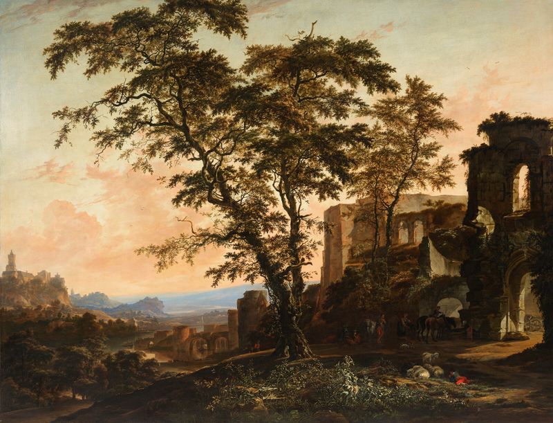 Rhenish landscape with peasants and animals resting in shade, oil on canvas by Hendrik van Minderhout