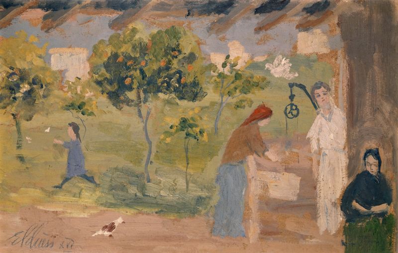Figurative scene of a fountain with sunlight and figures by Ernst Schiess, oil painting
