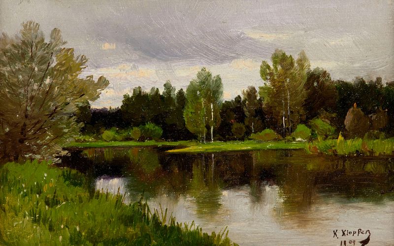 Paisaje con agua, óleo sobre lienzo de Karol Klopfer, con verdes vibrantes y azules suaves.