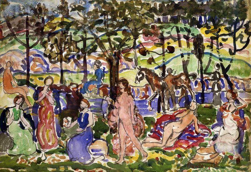 Park Scene de Maurice Prendergast, acuarela sobre papel que representa una animada reunión al aire libre.
