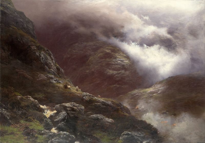 After the Massacre of Glencoe, oil on canvas by Peter Graham depicting a somber landscape.