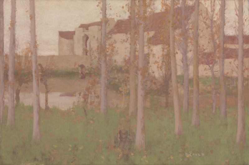 O Castelo Assombrado de David Gauld, uma pintura a óleo que retrata o crepúsculo sobre um castelo em ruínas.