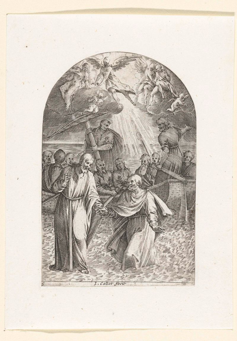 Gravura de Jacques Callot de uma figura caminhando sobre a água em uma paisagem tranquila