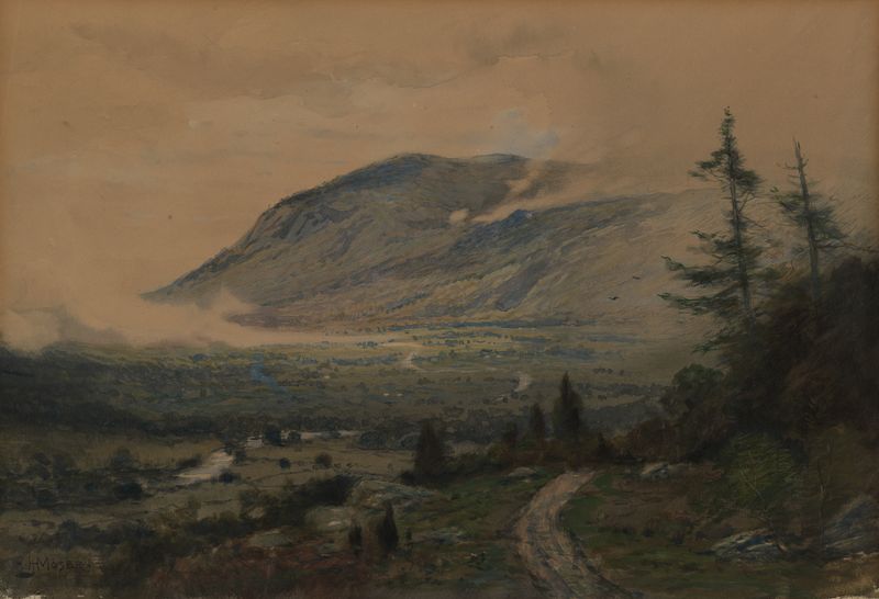Mountain and Valley by James Henry Moser, oil on canvas depicting a vibrant landscape.