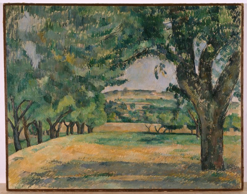 O Bairro de Jas de Bouffan de Paul Cezanne, óleo sobre tela que retrata uma paisagem de aldeia.
