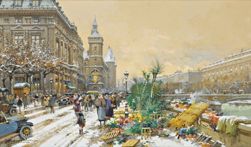 Escena botánica con flores y la Conciergerie, pintura al óleo de Eugène Galien-Laloue
