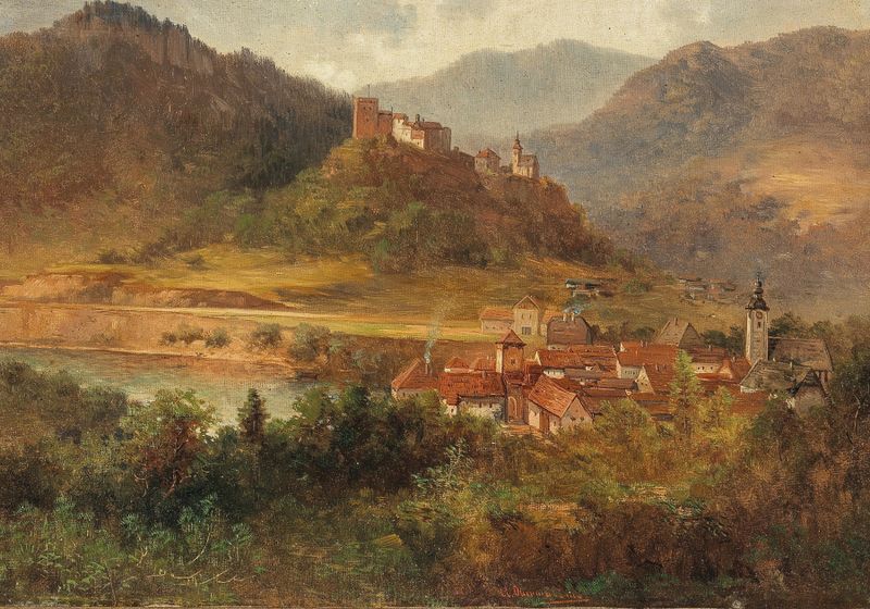 Landscape depicting a village with a river and castle, oil painting by Adolf Obermüllner