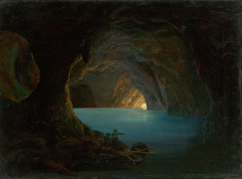 The Blue Grotto on Capri by Carl Friedrich Seiffert, oil on canvas depicting azure water and rocky cliffs.