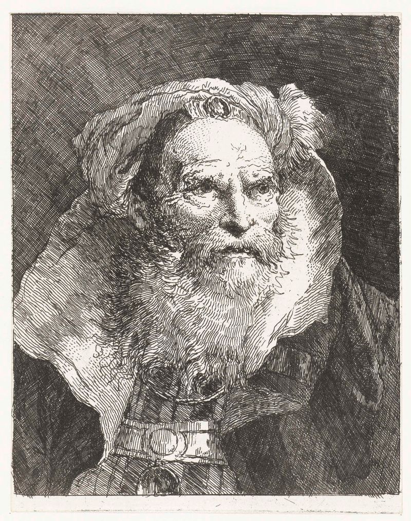 Grabado de Giovanni Domenico Tiepolo que muestra a un hombre con tulband y cuello alto.