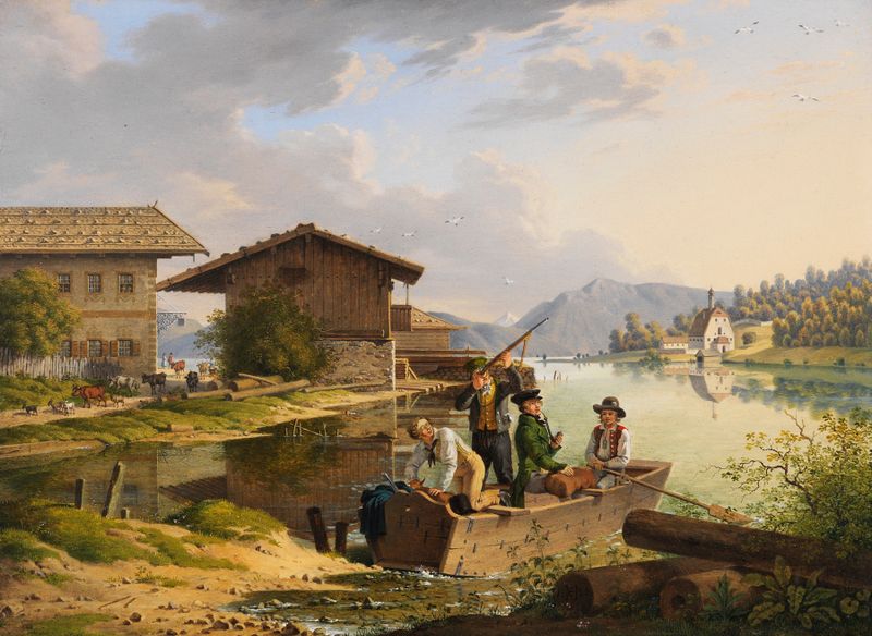Paisagem de um lago sereno e montanhas por Carl Friedrich Heinzmann, pintura a óleo