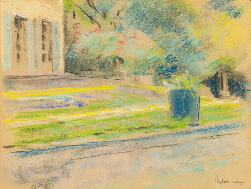 Oil painting by Max Liebermann featuring vibrant flowers on a terrace