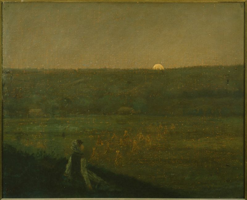 Moonrise by George Fuller, depicting a luminous moon over serene water, oil painting.