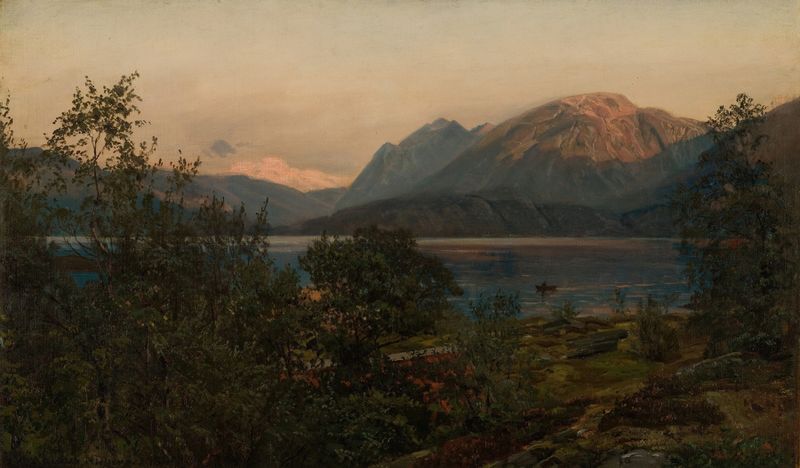 Aften, Terøen de Amaldus Nielsen, óleo sobre tela representando um lago tranquilo ao entardecer.