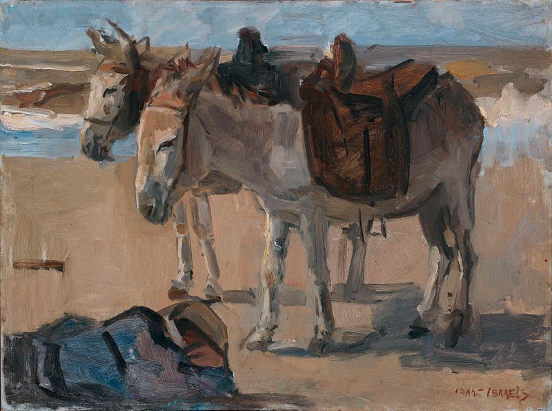 Two donkeys on the beach with their keeper, oil on canvas by Isaac Israels