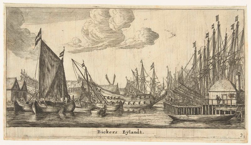 Bickerseiland gravura de Reinier Nooms retratando barcos em um rio com luz do sol.
