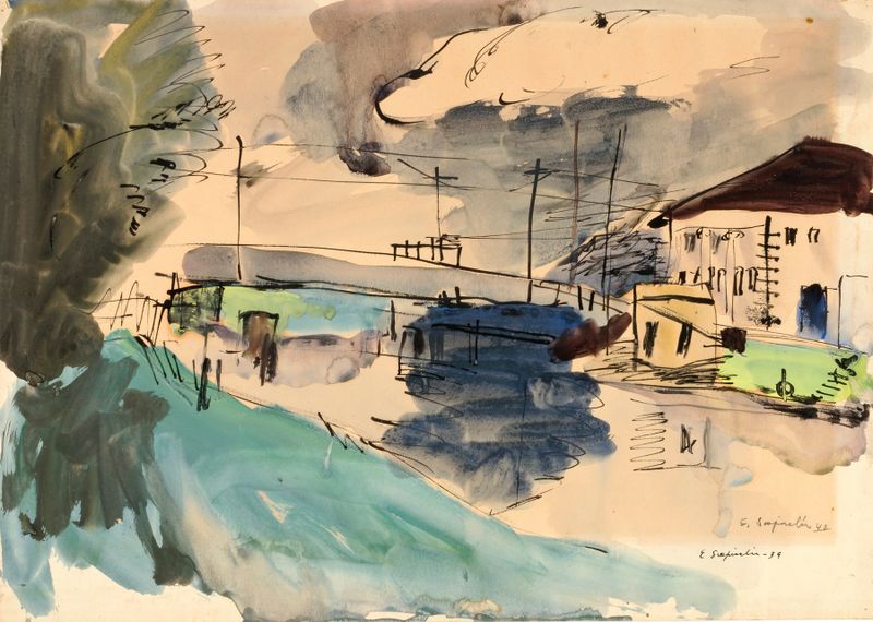 South Chicago River de Erminio Scapicchi, óleo sobre lienzo que muestra un paisaje urbano con reflejos en el agua.