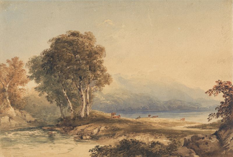 Mountainous landscape with lake and stream, oil painting by Copley Fielding