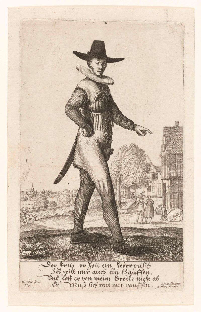 Gravura de Wenceslaus Hollar de um jovem com um chapéu preto e um grande colar.