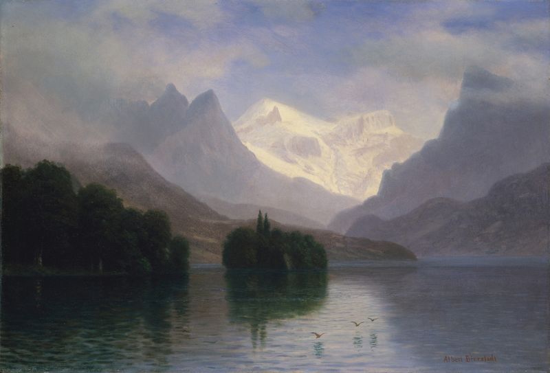 Mountain Scene de Albert Bierstadt, pintura al óleo que representa majestuosas montañas y nubes.