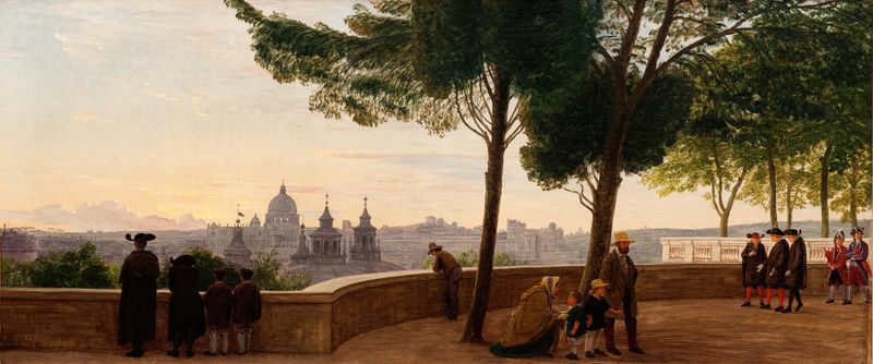 Paisaje con atardecer sobre colinas, pintura al óleo de P. C. Skovgaard