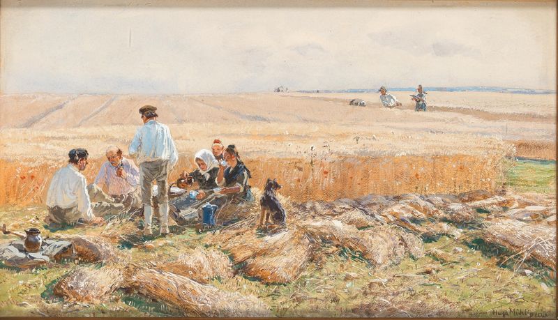 Pintura figurativa de Hugo Mühlig que muestra una figura reclinada en un paisaje exuberante.