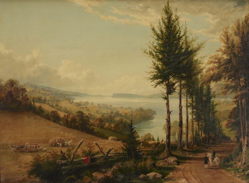 Pintura a óleo de Robert Havell mostrando o rio Hudson, árvores e uma estrada sinuosa.
