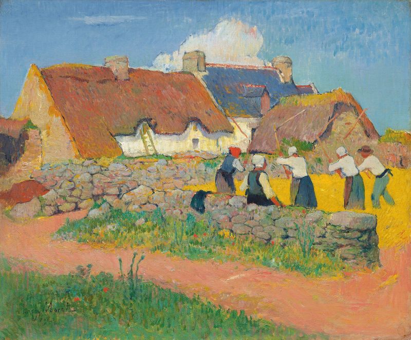 Le battage du blé au village por Henry Moret, pintura a óleo com figuras colhendo grãos.