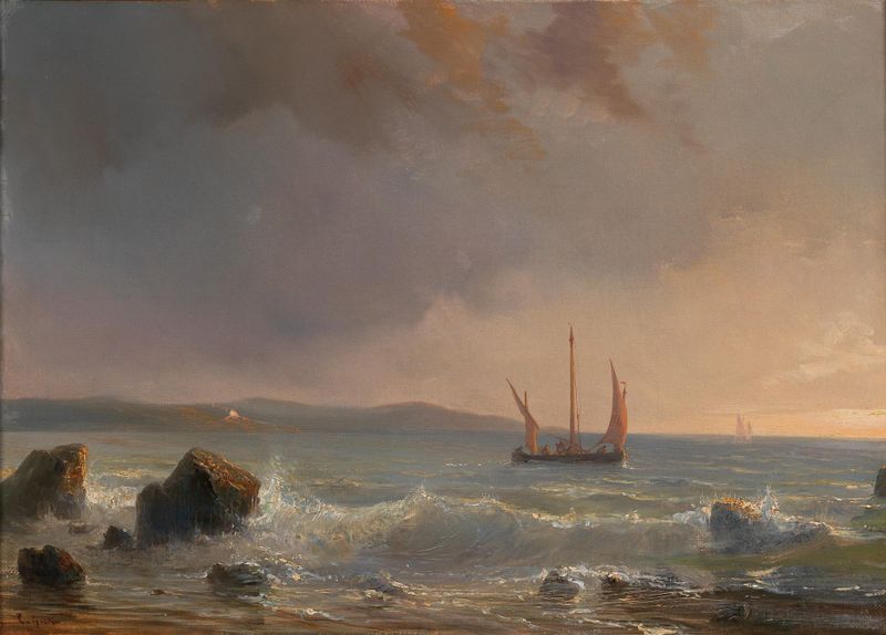 Marine scene with twilight sky and sailboats by Théodore Gudin, oil painting