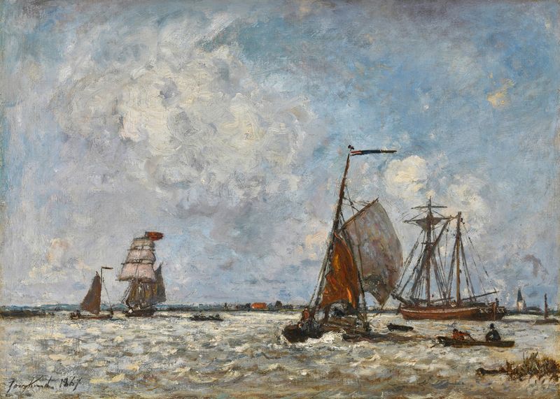 Pintura a óleo de Johan Barthold Jongkind mostrando um rio ao entardecer