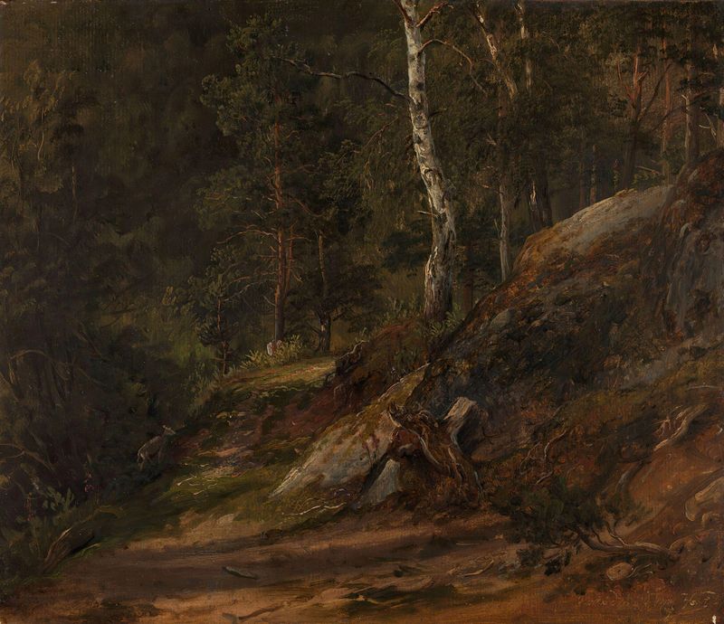Forest Study from Romsdal de Thomas Fearnley, óleo sobre tela que retrata uma paisagem florestal exuberante.