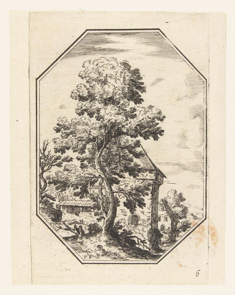 Landschap met grote boom in octagonaal kader, gravura de Unknown Artist, com uma grande árvore e colinas suaves.