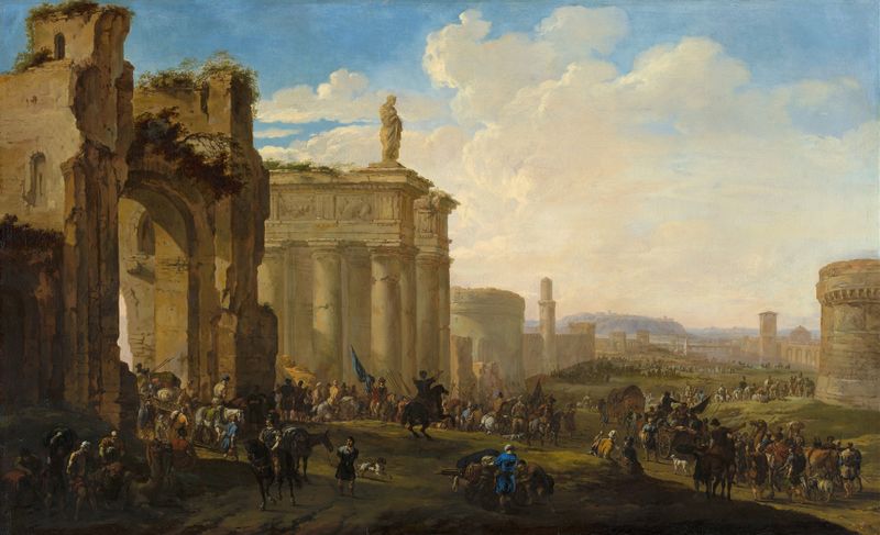 Army Advancing among Roman Ruins, oil on canvas by Jacob van der Ulft