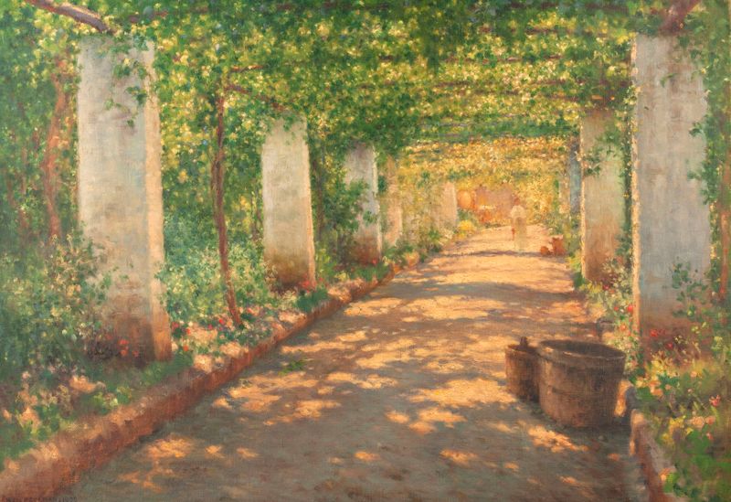Pintura al óleo de paisaje de Henry Brokman que representa un follaje exuberante y luz solar en Sorrento.
