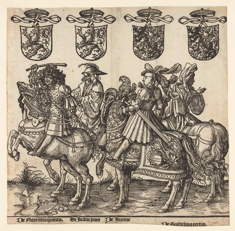 Portrait of Floris V, Jan I, Jan II, and Willem III, paper by Jacob Cornelisz van Oostsanen