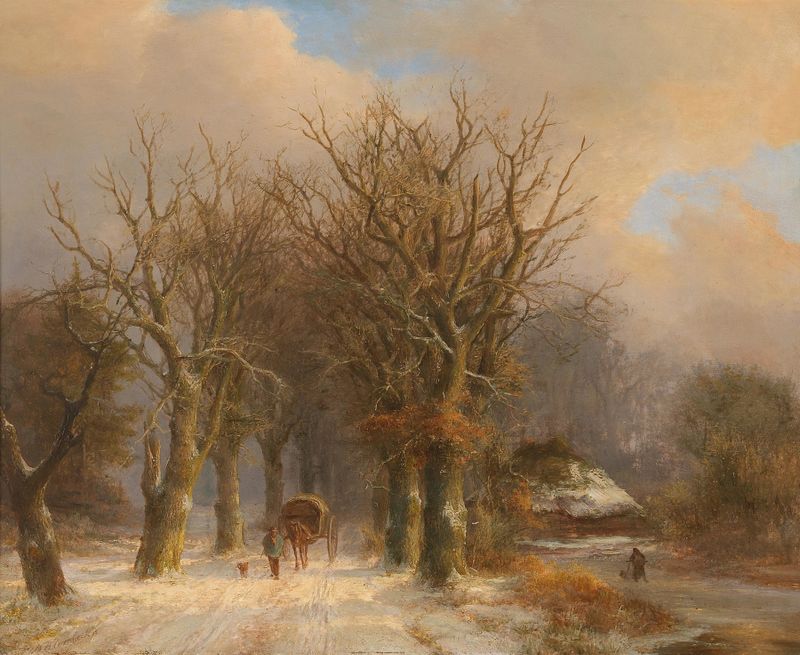 Winter landscape with a horse and cart by Johann Bernhard Klombeck, oil painting