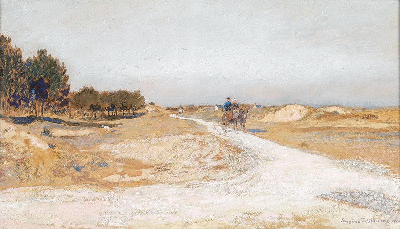 Paisaje con un camino serpenteante y luz solar de Eugen Jettel, pintura al óleo