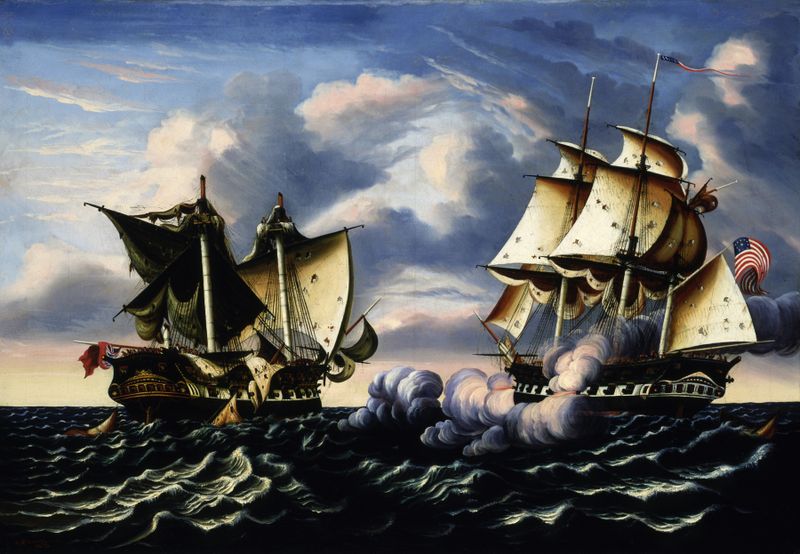Oil on canvas by Thomas Chambers depicting a naval battle with frigates and stormy seas