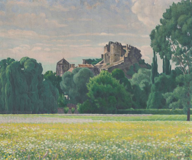 Grad Fiľakovo by Ivan Žabota, expressionism, depicting an urban landscape with vibrant colors.
