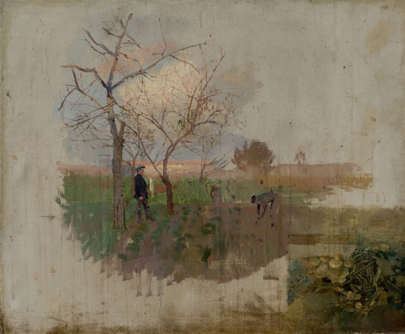 Outono em um Pomar, óleo sobre tela de Ladislav Mednyánszky mostrando mulheres colhendo maçãs.