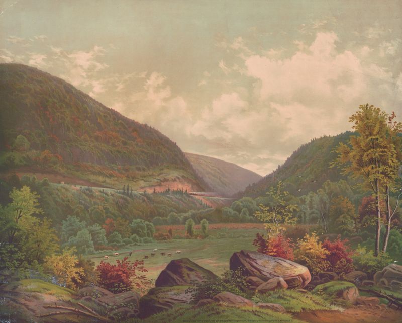 Landscape lithograph by Krebs Lith. Co depicting autumn colors in the Alleghenies