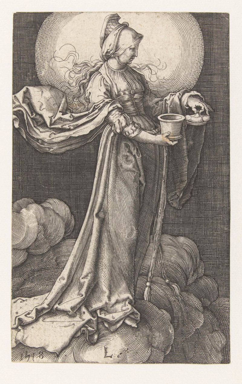 Engraving by Jan Harmensz. Muller depicting Maria Magdalena in de wolken with flowing garments and soft light