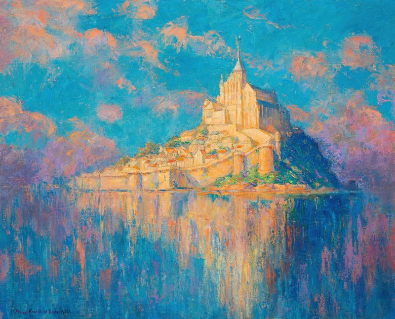 Mont Saint-Michel pintura a óleo de Mary Louise Fairchild, retratando uma fortaleza ao amanhecer