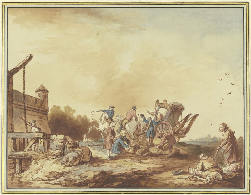 Escena de género en óleo de Francesco Giuseppe Casanova que muestra a un viajero y una familia de mendigos.