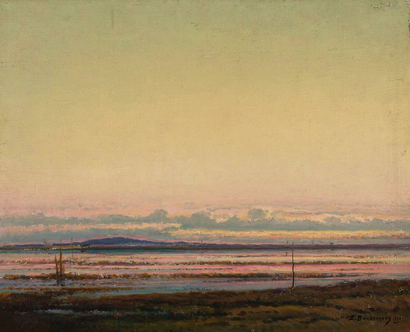 Paisaje de Edmond Barbarroux, modernismo, que representa suaves colinas bajo un cielo apagado