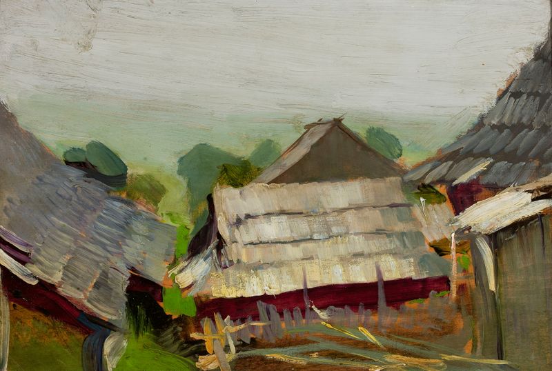View from Istebna III. Farmyard by Konrad Krzyżanowski, oil painting depicting a vibrant rural landscape.