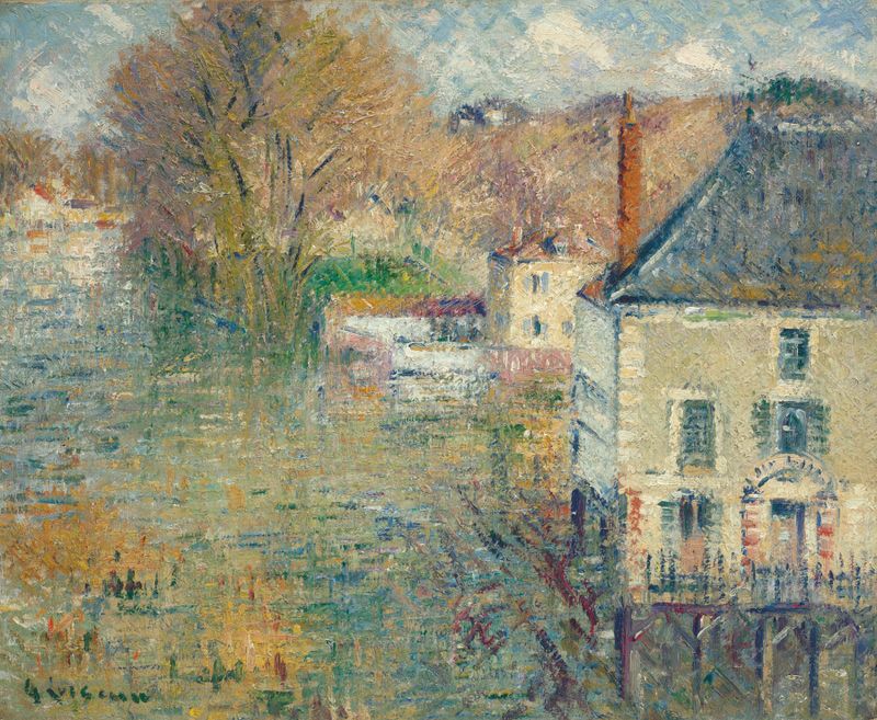 Inondation à Giverny de Gustave Loiseau, pintura a óleo que retrata uma paisagem inundada.
