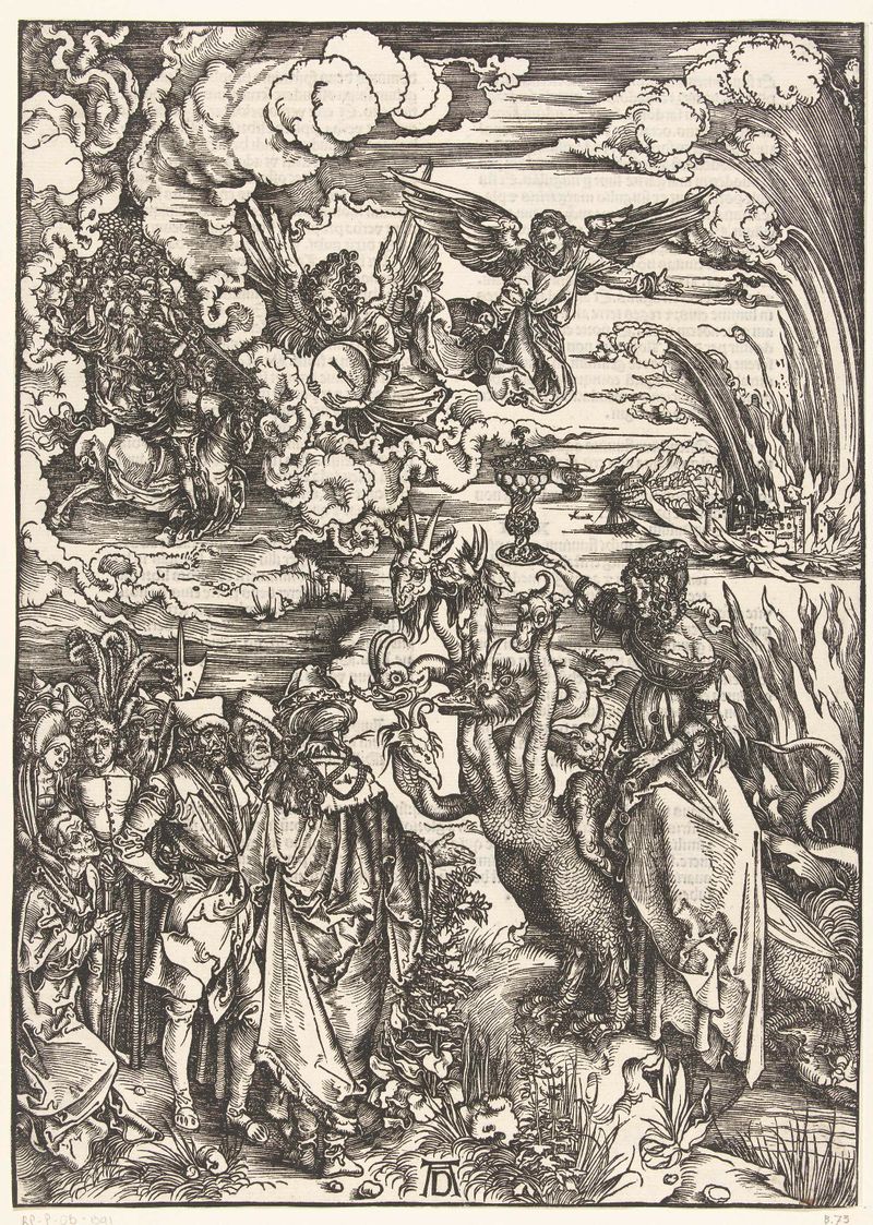Gravura de Albrecht Dürer mostrando uma mulher em tecidos luxuosos com expressão emocional